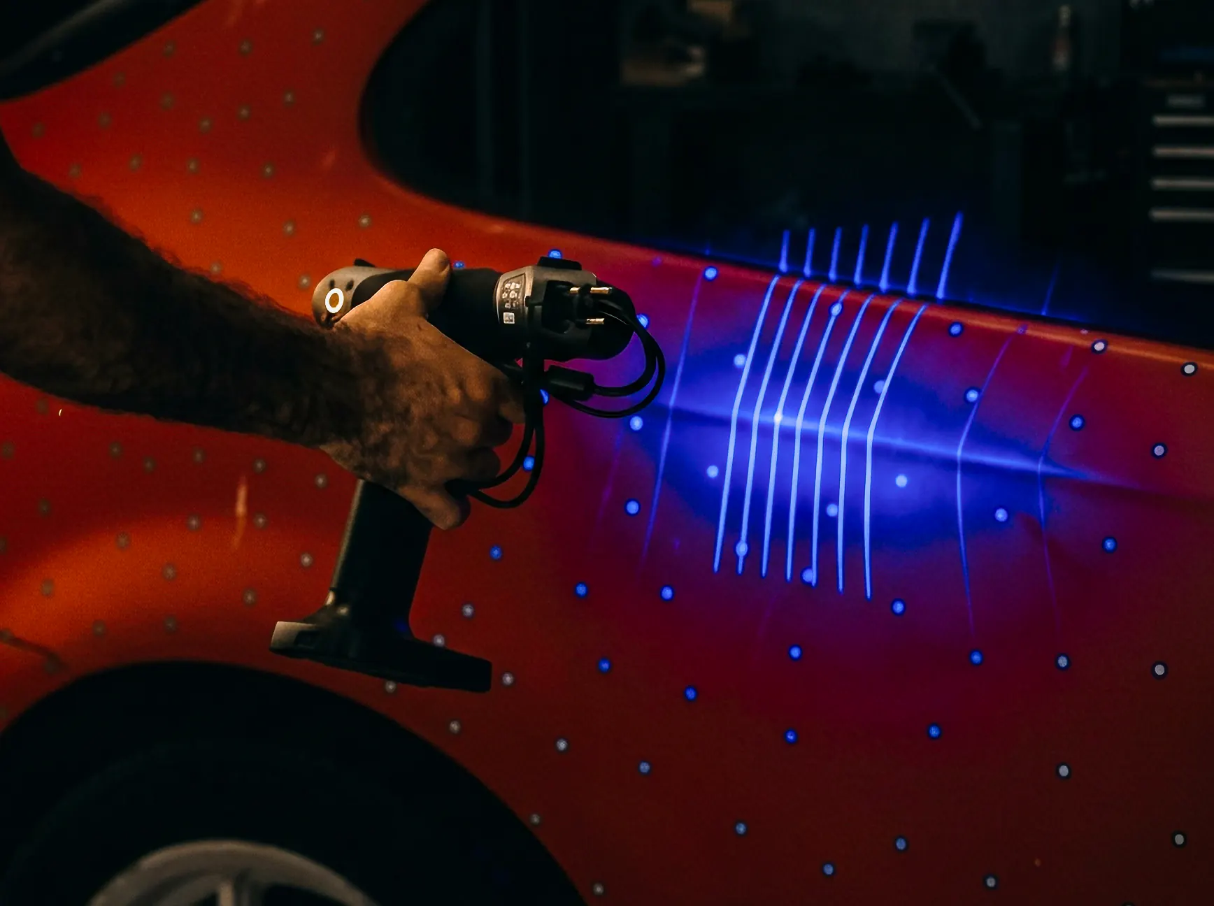 3D scanning a car body at Kynetik Koncepts, Dubai — handheld laser scanner before carbon fibre design