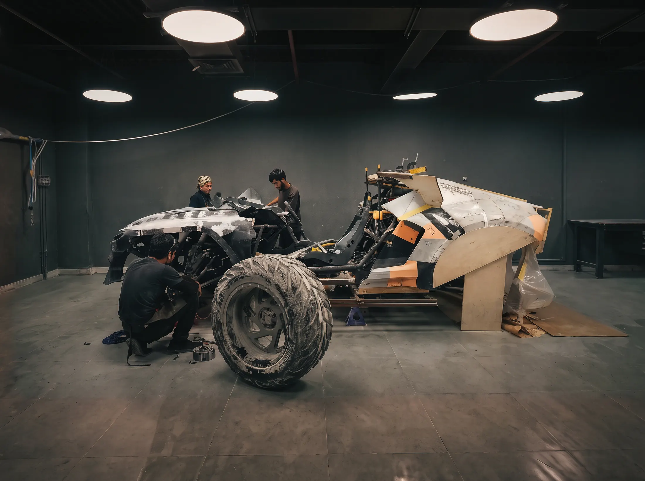 Kynetik Koncepts technicians engineering the Can-Am buggy's carbon fibre body in the Dubai workshop
