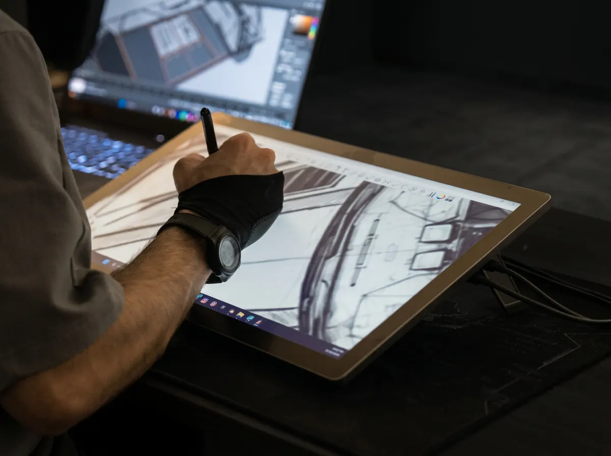 Design and ideation at Kynetik Koncepts — designer sketching bodywork on a drawing tablet