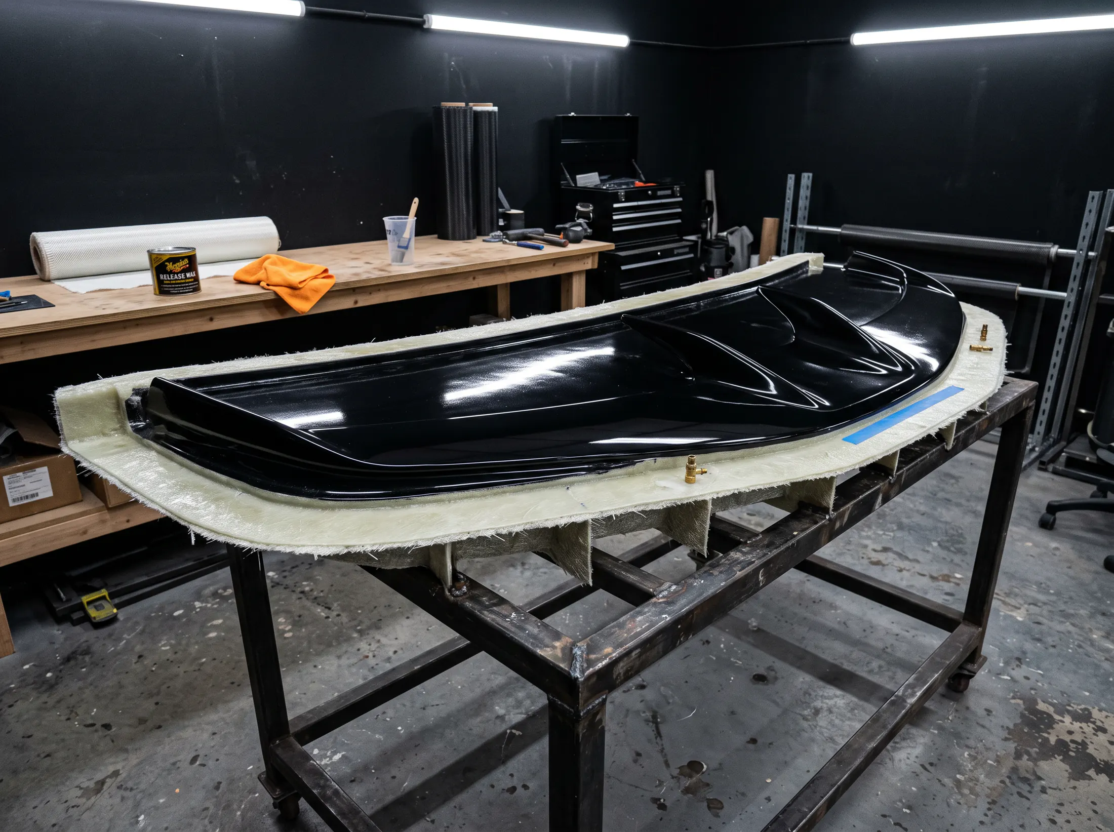Finished carbon fibre mould on a workshop table at Kynetik Koncepts, Dubai