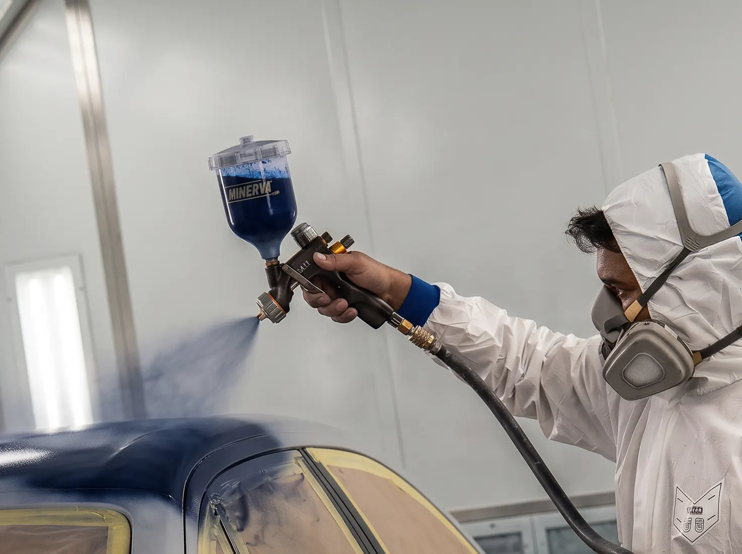 Paint and finish at Kynetik Koncepts — painter spraying a car body in the paint booth