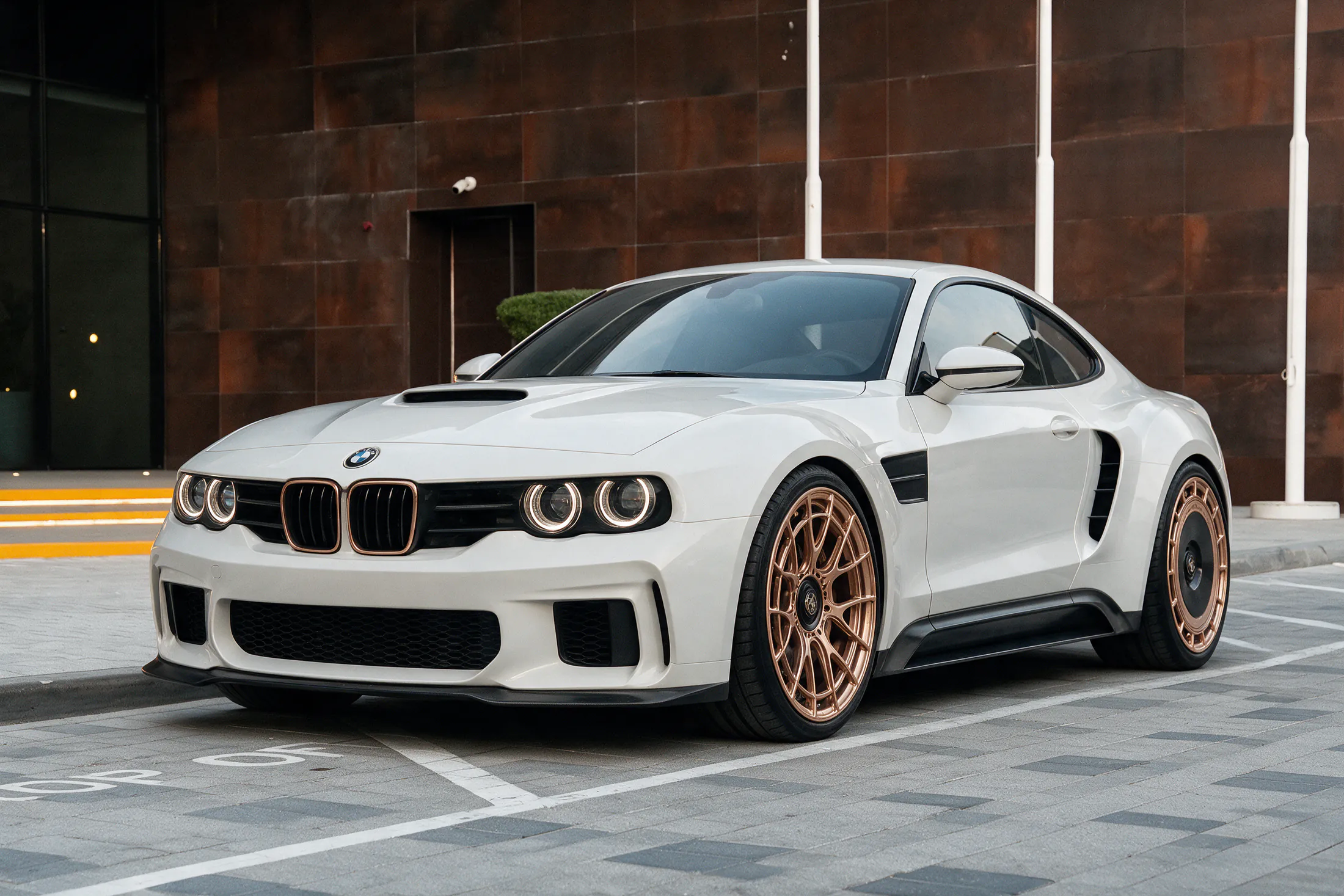 Karbon Ikonics BMW by Kynetik Koncepts, white carbon body on bronze wheels, front three-quarter outside the Dubai showroom